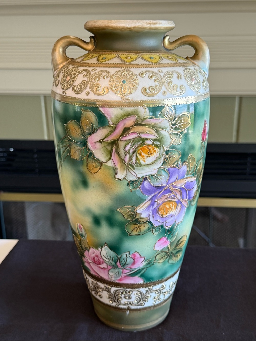 Antique Nippon Hand Painted Handled Vase with Heavy Gold Gilding 12.25” Tall